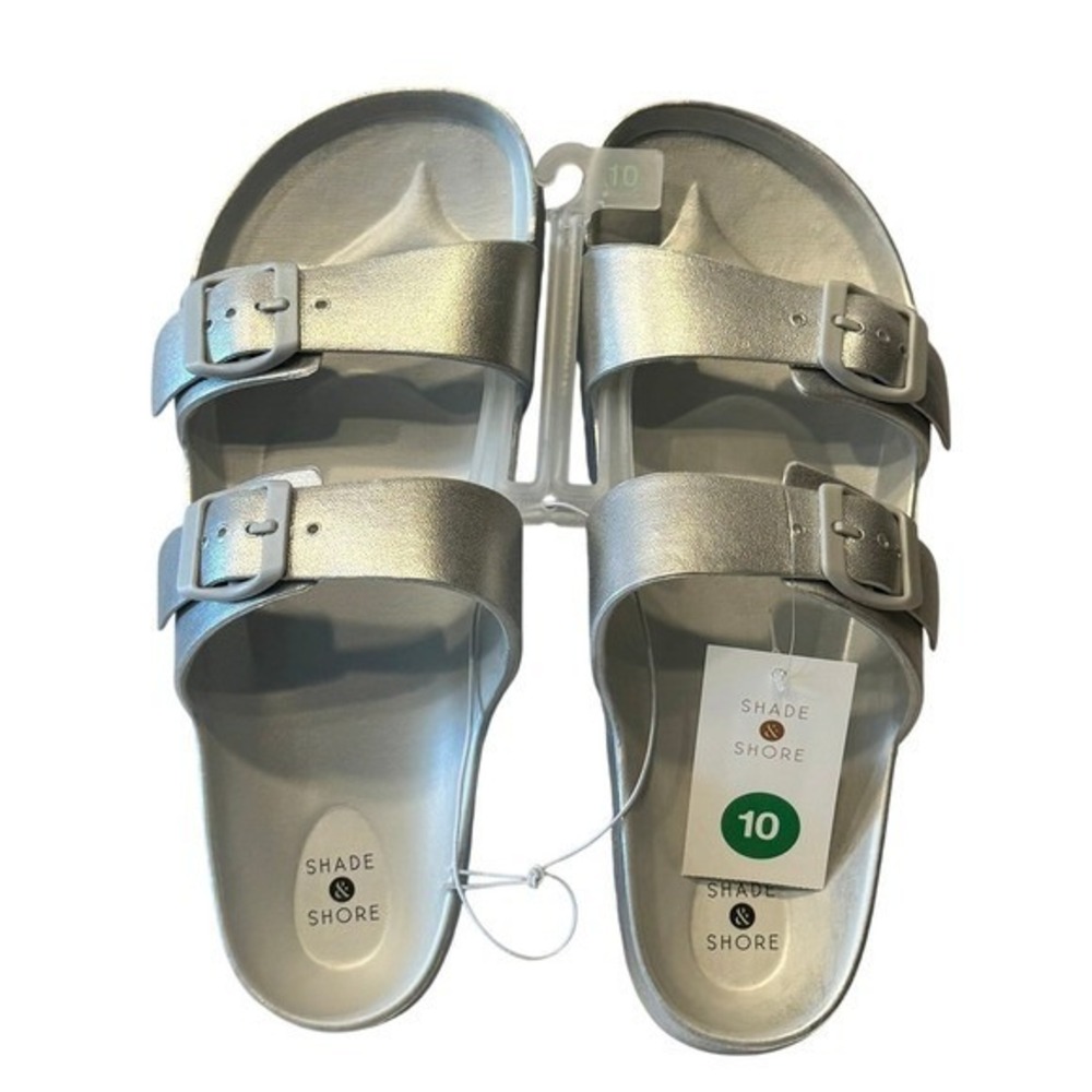 Shade Shore Womens Silver Double Buckle Slide Sandals Size 10